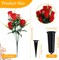 Artificial Cemetery & Memorial Flowers with Grave Vase – Red Silk Rose Gravesite Bouquet, Spring Memorial Day Headstone Decoration with Spiked Vase (6 Sets, 84 Flower Heads)